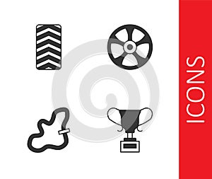 Set Award cup, Car tire wheel, Racing track and Alloy for car icon. Vector