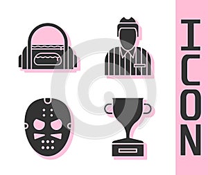 Set Award cup, Sport bag, Hockey mask and Hockey judge, referee, arbiter icon. Vector