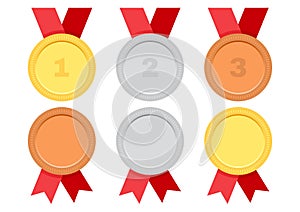 Set of award medals with red ribbon. Gold, silver and bronze. Vector