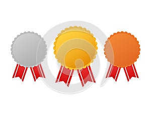 Set of award medals with red ribbon. Gold, silver and bronze. Vector illustration