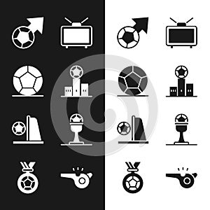 Set Award over sports winner podium, Soccer football ball, Football match on TV, goal with, cup and, Whistle and soccer