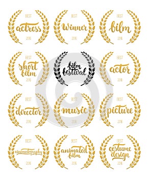 Set of awards for best film, actor, actress, director, music, picture, winner and short film with wreath and 2016 text. Black and