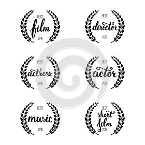 Set of awards for best film, actor, actress, director, music and short film with wreath and 2016 text.