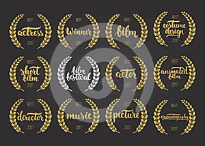 Set of awards for best film, actor, picture, animated, costume design, actress, director, music and winner for movie festival with