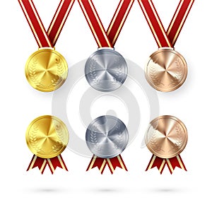 Set of Awards. Golden Silver and Bronze medals with laurel hanging on red ribbon. Award symbol of victory and success. Vector