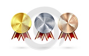 Set of Awards. Golden Silver and Bronze medals with laurel hanging and red ribbon. Award symbol of victory and success. Vector