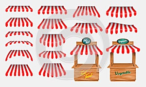 Set of awing with wooden market stand stall and various kiosk, with red and white striped awning isolated.