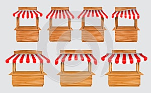 Set of awing with wooden market stand stall and various kiosk, with red and white striped awning isolated.