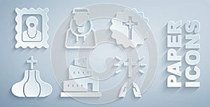 Set Babel tower bible story, Christian cross, Church, Hands in praying position, Monk and icon icon. Vector