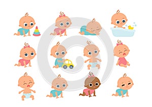 Set of babies cartoon characters. Baby girls and boys with different emotions