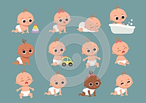 Set of babies cartoon characters. Baby girls and boys with different emotions