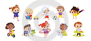 Set of babies kids characters doing activities. Children playing