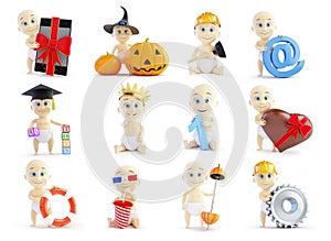 Set baby 3d in different occupations and different objects on a white background