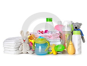 Set of baby accessories on background