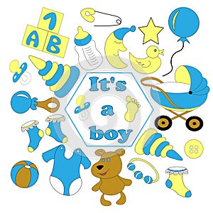 set baby badges for newborn boy. children\'s wardrobe, accessories for newborns, clothes, toys, moon, star, bottle of milk.