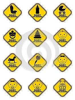 Set of Baby on board signs with baby symbol in yellow rhombus on a white background. Car sticker with warning.