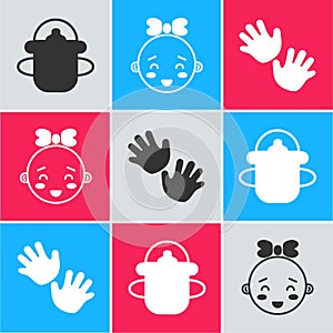 Set Baby bottle, Happy little girl head and Baby hands print icon. Vector