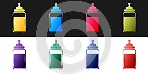 Set Baby bottle icon isolated on black and white background. Feeding bottle icon. Milk bottle sign. Vector
