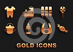 Set Baby bottle, Lollipop, Candy, bib, Wax crayons for drawing, clothes and Toy train icon. Vector