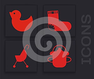 Set Baby bottle, Rubber duck, Baby socks clothes and Baby stroller icon. Vector