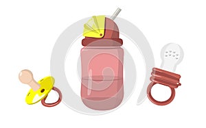 Set of baby bottle, soother and nibbler isolated illustration photo