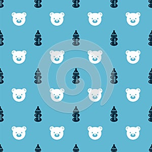 Set Baby bottle and Teddy bear plush toy on seamless pattern. Vector