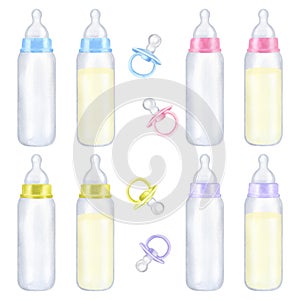 Set baby boy girl bottle milk infant formula, pacifier dummy. Pink blue violet green. Hand drawn watercolor illustration