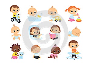 Set of baby characters. Babies playing with toys.
