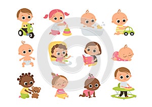 Set of baby characters. Babies playing with toys.