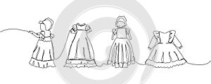 Set of baby christening dresses one line art. Continuous line drawing of child, childhood, play, boy, girl, clothing
