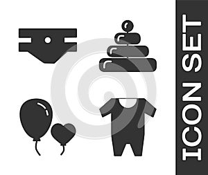 Set Baby clothes, Baby absorbent diaper, Balloons in form of heart and Pyramid toy icon. Vector