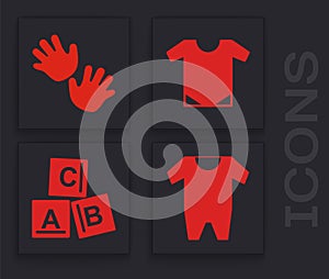 Set Baby clothes, Baby hands print, Baby onesie and ABC blocks icon. Vector