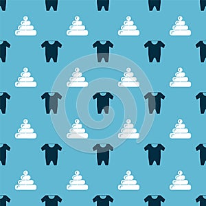 Set Baby clothes and Pyramid toy on seamless pattern. Vector