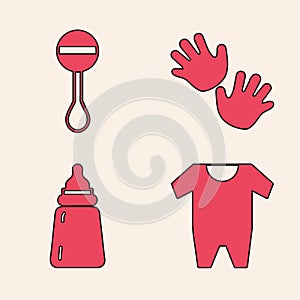 Set Baby clothes, Rattle baby toy, Baby hands print and Baby bottle icon. Vector