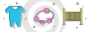 Set Baby clothes, Rattle baby toy and Baby crib cradle bed icon. Vector