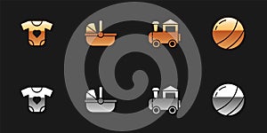 Set Baby clothes, stroller, Toy train and Beach ball icon. Vector