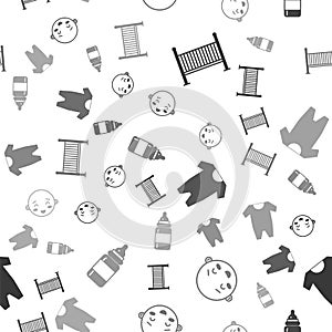 Set Baby crib cradle bed, Happy little boy head, Baby clothes and Baby bottle on seamless pattern. Vector