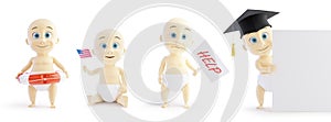 Set baby 3d in different occupations and different objects on a white background 3D illustration