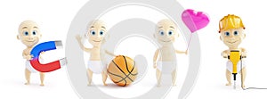 Set baby 3d in different occupations and different objects on a white background