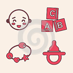 Set Baby dummy pacifier, Happy little boy head, ABC blocks and Rattle baby toy icon. Vector