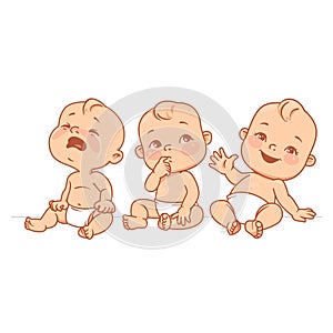 Set of baby emotion portraits. little babies in diaper sitting together.