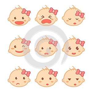 Set of a baby girl or toddler emotions in a flat design cartoon character. Baby development and milestones.