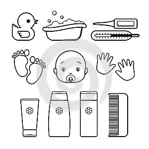 Set baby Icons, isolated line art on a white background. Shampoo, cream, comb, duck, bathtub, thermometer, footprint, palmprint,