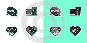 Set Baby inside heart, Speech bubble mom, dummy pacifier and food icon. Vector