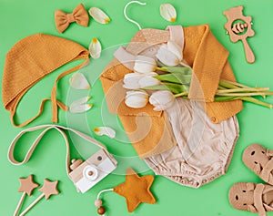 Set of baby items and accessories on green background.