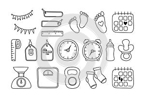 Set baby metric doodles. Birth announcement. Vector set newborn hand drawn elements. Gender party outline icons