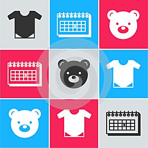 Set Baby onesie, Calendar and Teddy bear plush toy icon. Vector