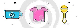 Set Baby potty, Baby onesie and Rattle baby toy icon. Vector
