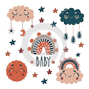 Set for baby print. Cute clouds, sun,rainbow. Letterng BABY.