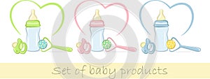 Set of baby products in gentle colors